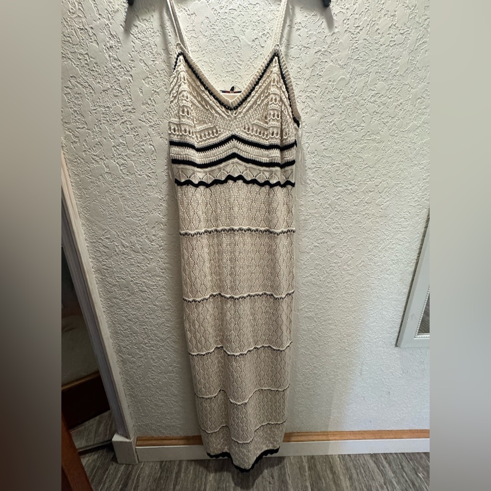 Cream Crochet Maxi Dress with Black Trim - Brand Unspecified